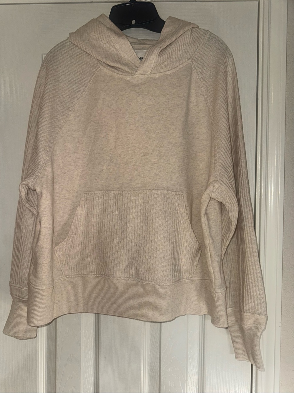 aerie Cream Ribbed-Sleeve Hooded Sweatshirt